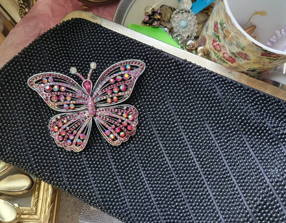 Vintage Beaded Black Clutch Bag Silver Chain Strap ~ 1960? ~ Made in Hong Kong - Picture 7 of 16